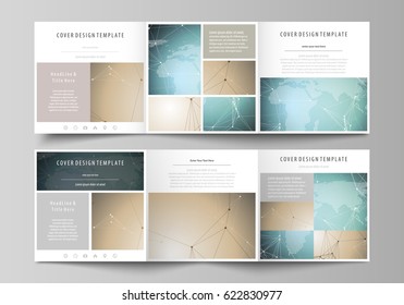 The abstract minimalistic vector illustration of the editable layout. Two creative covers design templates for square brochure. Chemistry pattern with molecule structure. Medical DNA research.