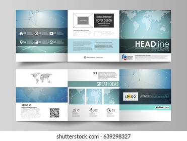 The abstract minimalistic vector illustration of the editable layout. Two creative covers design templates for square brochure. Chemistry pattern, connecting lines and dots. Medical concept.