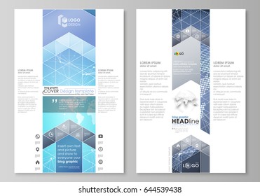 The abstract minimalistic vector illustration of the editable layout of two modern blog graphic pages mockup design templates. Abstract global design. Chemistry pattern, molecule structure.