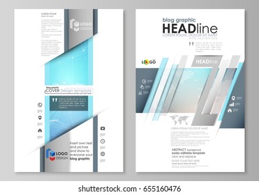 The abstract minimalistic vector illustration of the editable layout of two modern blog graphic pages mockup design templates. Molecule structure. Science, technology concept. Polygonal design