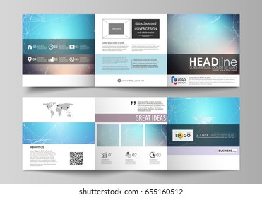 The abstract minimalistic vector illustration of the editable layout. Two creative covers design templates for square brochure. Molecule structure. Science, technology concept. Polygonal design