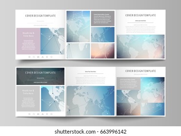 The abstract minimalistic vector illustration of the editable layout. Two creative covers design templates for square brochure. Polygonal geometric linear texture. Global network, dig data concept.