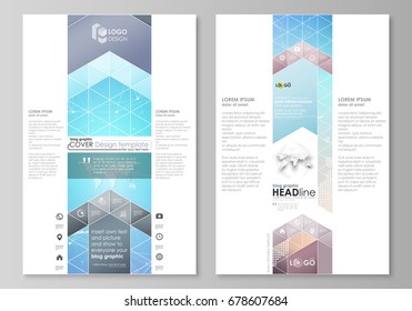 The abstract minimalistic vector illustration of the editable layout of two modern blog graphic pages mockup design templates. Molecule structure. Science, technology concept. Polygonal design