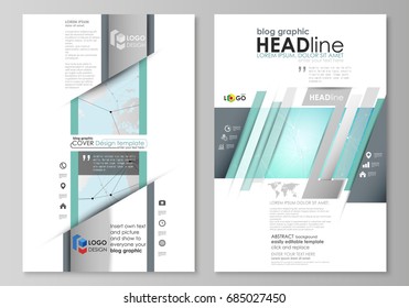 The abstract minimalistic vector illustration of the editable layout of two modern blog graphic pages mockup design templates. Futuristic high tech background, dig data technology concept