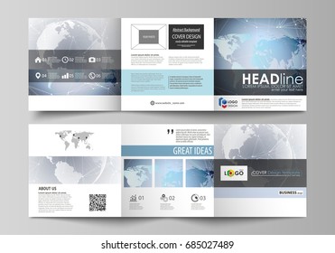 The abstract minimalistic vector illustration of the editable layout. Two creative covers design templates for square brochure. Technology concept. Molecule structure, connecting background