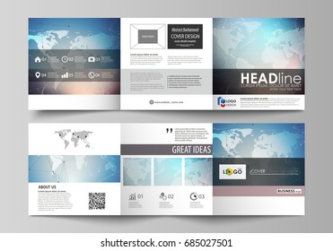 The abstract minimalistic vector illustration of the editable layout. Two creative covers design templates for square brochure. Polygonal geometric linear texture. Global network, dig data concept.