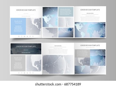 The abstract minimalistic vector illustration of the editable layout. Two creative covers design templates for square brochure. Technology concept. Molecule structure, connecting background