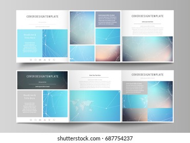 The abstract minimalistic vector illustration of the editable layout. Two creative covers design templates for square brochure. Molecule structure. Science, technology concept. Polygonal design
