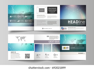 The abstract minimalistic vector illustration of the editable layout. Two creative covers design templates for square brochure. Molecule structure, connecting lines and dots. Technology concept.