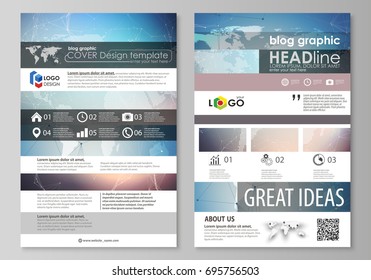 The abstract minimalistic vector illustration of the editable layout of two modern blog graphic pages mockup design templates. Polygonal geometric linear texture. Global network, dig data concept.