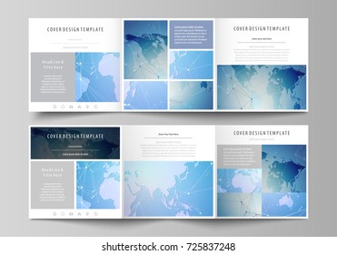 The abstract minimalistic vector illustration of the editable layout. Two creative covers design templates for square brochure. World map on blue, geometric technology design, polygonal texture.