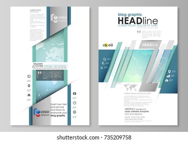 The abstract minimalistic vector illustration of the editable layout of two modern blog graphic pages mockup design templates. Chemistry pattern, molecule structure, geometric design background.