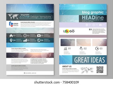 The abstract minimalistic vector illustration of the editable layout of two modern blog graphic pages mockup design templates. Molecule structure. Science, technology concept. Polygonal design.