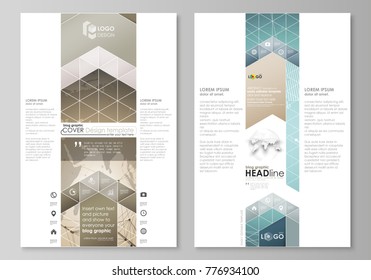 The abstract minimalistic vector illustration of the editable layout of two modern blog graphic pages mockup design templates. Chemistry pattern with molecule structure. Medical DNA research.