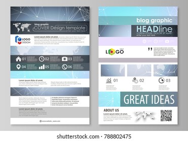 The abstract minimalistic vector illustration of the editable layout of two modern blog graphic pages mockup design templates. Polygonal texture. Global connections, futuristic geometric concept.