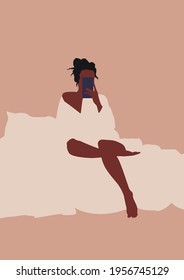 Afiche abstracto de ilustración vector minimalista de una niña sentada en la cama. Arte vectorial de línea