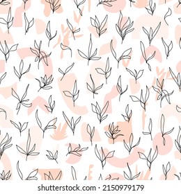abstract minimalistic vector seamless pattern simple isolated boho shapes in different colors and branches with leaves hand drawn in one line