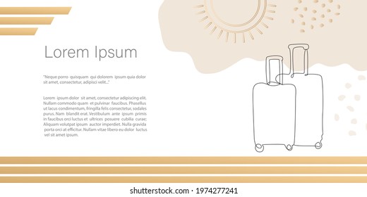 Abstract minimalistic Vector  Travel, luggage concept,  two suitcases banner. line art drawing with shape in gold color. Template with copy space for invitation, cards, banner and poster