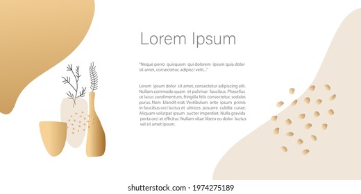 Abstract minimalistic Vector, vases with branches banner. line art drawing with shape in gold color. Template with copy space for invitation, cards, banner and poster