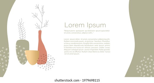 Abstract minimalistic Vector, vases with branches banner. line art drawing with shape. Template with copy space for invitation, cards, banner and poster, Landing page