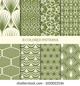 Abstract minimalistic vintage seamless patterns set with different green geometric shapes of repeating structure vector illustration