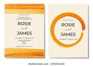 Abstract minimalistic watercolor autumn wedding invitation cards template design, orange brush stroke with frame on light beige background, colorful modern theme