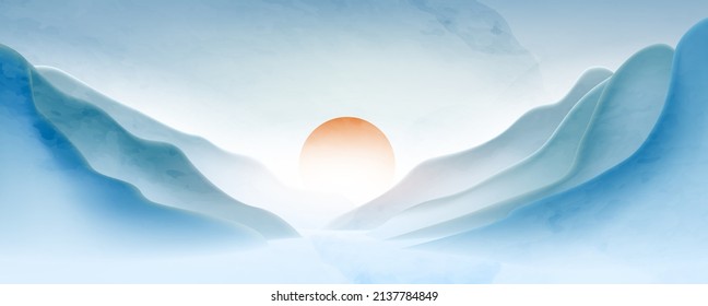 Abstract minimalistic watercolor background with mountains and hills at sunset or sunrise. Landscape art background in blue color with ink for decor design, wallpaper, print