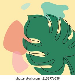  Abstract minimum contour line drawing of monstera leaf with color spots .Bright modern botanical illustration of a tropical plant.