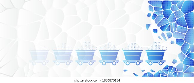 Abstract mining concept with trolleys and digital mountain. Cryptocurrency mining equipment. Blockchain system vector illustration. Web banner of digital currency.