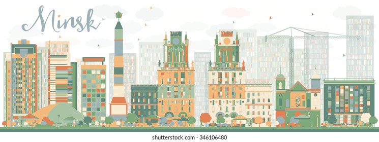 Abstract Minsk skyline with color buildings. Vector illustration. Business travel and tourism concept with modern buildings. Image for presentation, banner, placard and web site.