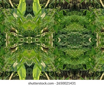 An abstract mirrored pattern of a lush bamboo forest featuring vibrant green foliage and tropical vegetation. This symmetrical design creates a kaleidoscopic effect, ideal for use in natural-themed