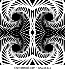 Abstract mirrored vortex background, pattern. Seamlessly repeatable pattern with spirally effect. Abstract monochrome graphic