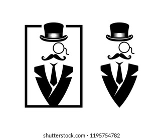 Abstract Mister with Classic Hat, Glasses, Suit and Mustache Sign Symbol Icon Square logo Vector Set
