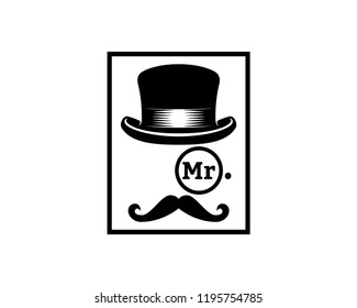 Abstract Mister with Classic Hat, Glasses and Mustache Sign Symbol Icon Square logo Vector
