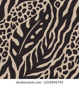 Abstract Mix Tropical Leaf, Leopard and Zebra Stripes Seamless Pattern. Vector Geometric Exotic Print