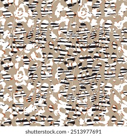 Abstract Mix Tropical Leaf, Leopard and Zebra Stripes Seamless Pattern. Vector Geometric Exotic Print