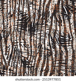 Abstract Mix Tropical Leaf, Leopard and Zebra Stripes Seamless Pattern. Vector Geometric Exotic Print