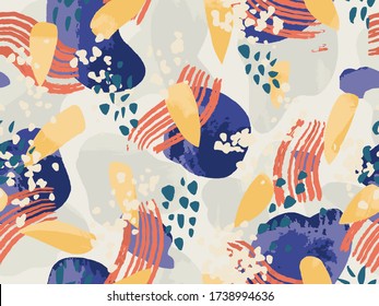 Abstract mixed brush strokes seamless vector pattern in bright colours. Graphic textured packaging design. Modern shapes background.