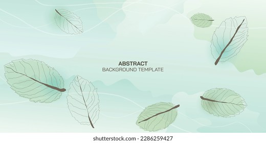 Resumen de color de agua verde mezclado con fondo de menta con hojas de menta estilo infantil.  Hojas botánicas y formas orgánicas líneas de doodle. Fondo vectorial para banner, afiche, web y empaque.