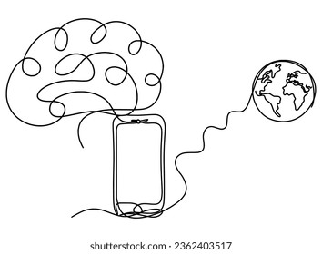 Resumen móvil y cerebro como dibujo de línea sobre fondo blanco. Vector
