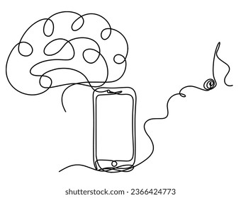 Abstraktes Handy und Gehirn als Linie zeichnen auf weißem Hintergrund. Vektorgrafik