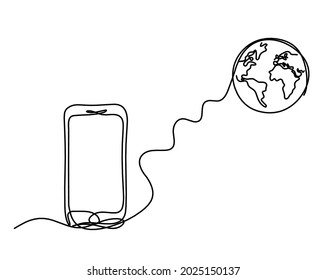 Abstract mobile and globe as line drawing on white background. Vector