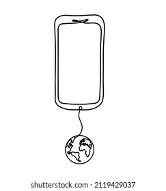 Abstract mobile with globe as line drawing on white background. Vector