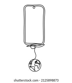 Abstraktes Handy mit Globus als Linienzeichnung auf weißem Hintergrund. Vektorgrafik