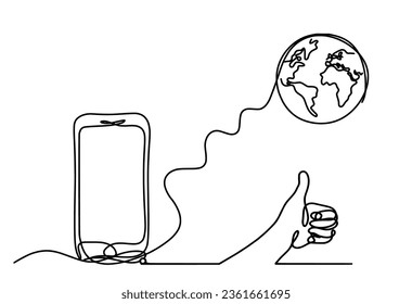 Abstract mobile and hand as line drawing on white background. Vector