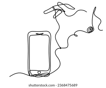 Abstract mobile and hand as line drawing on white background. Vector