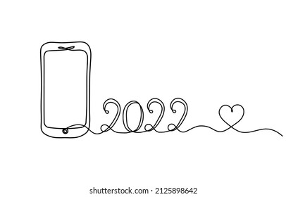 Abstract mobile handset with 2022 year as line drawing on white background. Vector