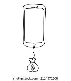 Abstract mobile handset with dollar as line drawing on white background. Vector