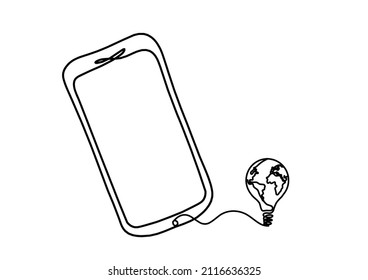 Abstract mobile handset with globe lightbulb as line drawing on white background. Vector