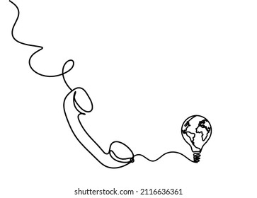 Abstract mobile handset with globe lightbulb as line drawing on white background. Vector